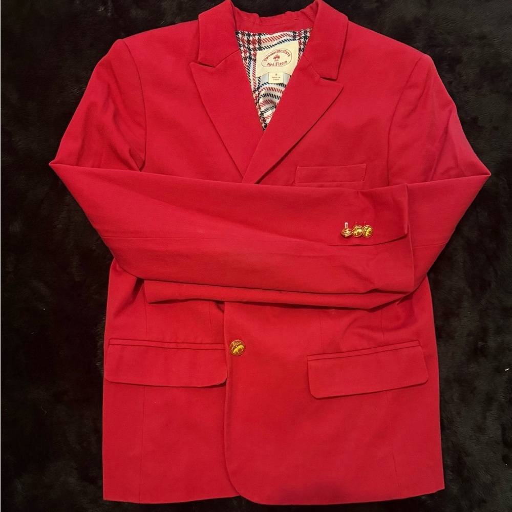 Brooks Brothers Red Fleece Women’s Red Blazer Gold Buttons Plaid Lining Size 8
